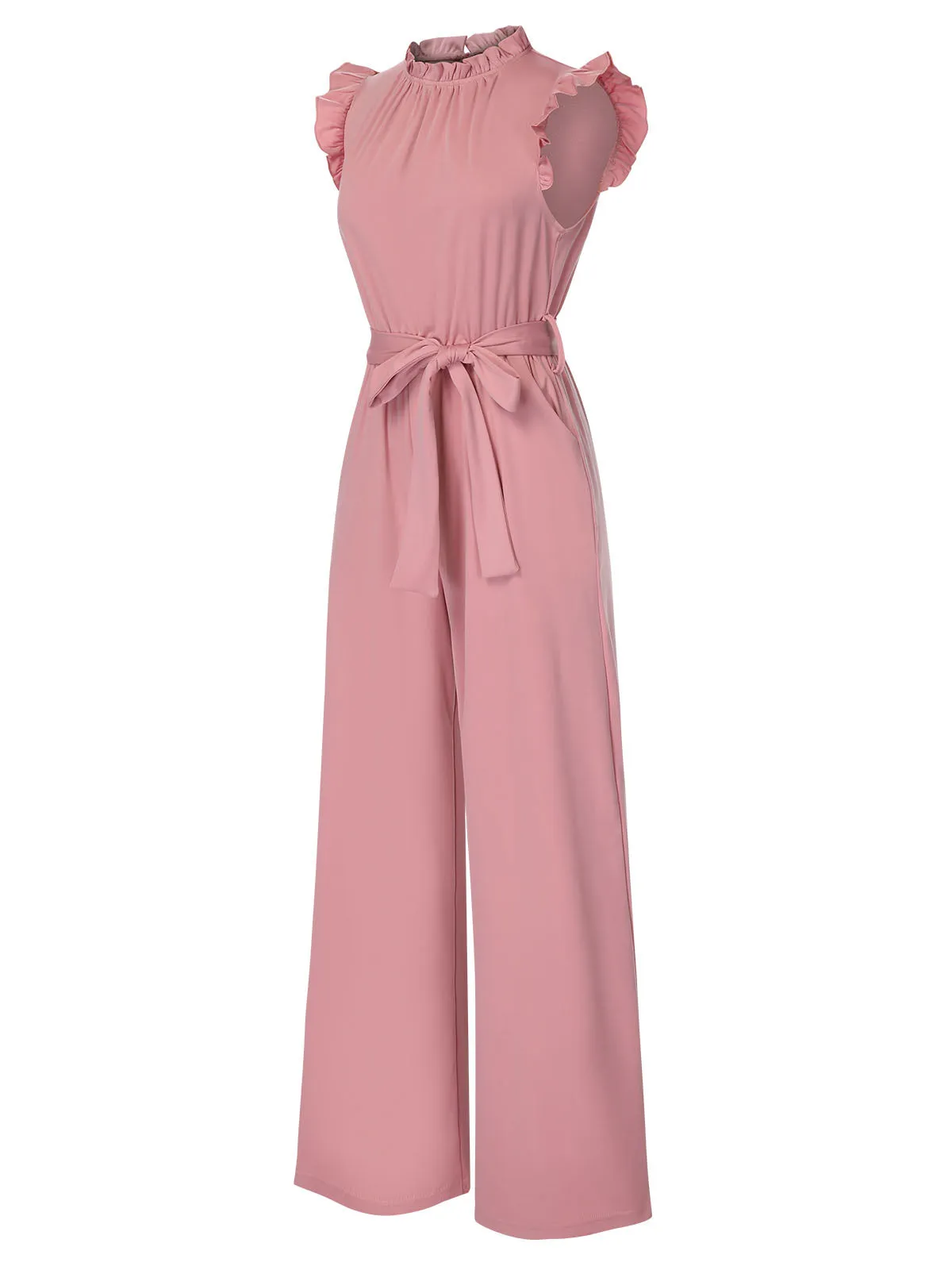 1960s Ruffles Sleeve High Waist Wide-Leg Belted Jumpsuit