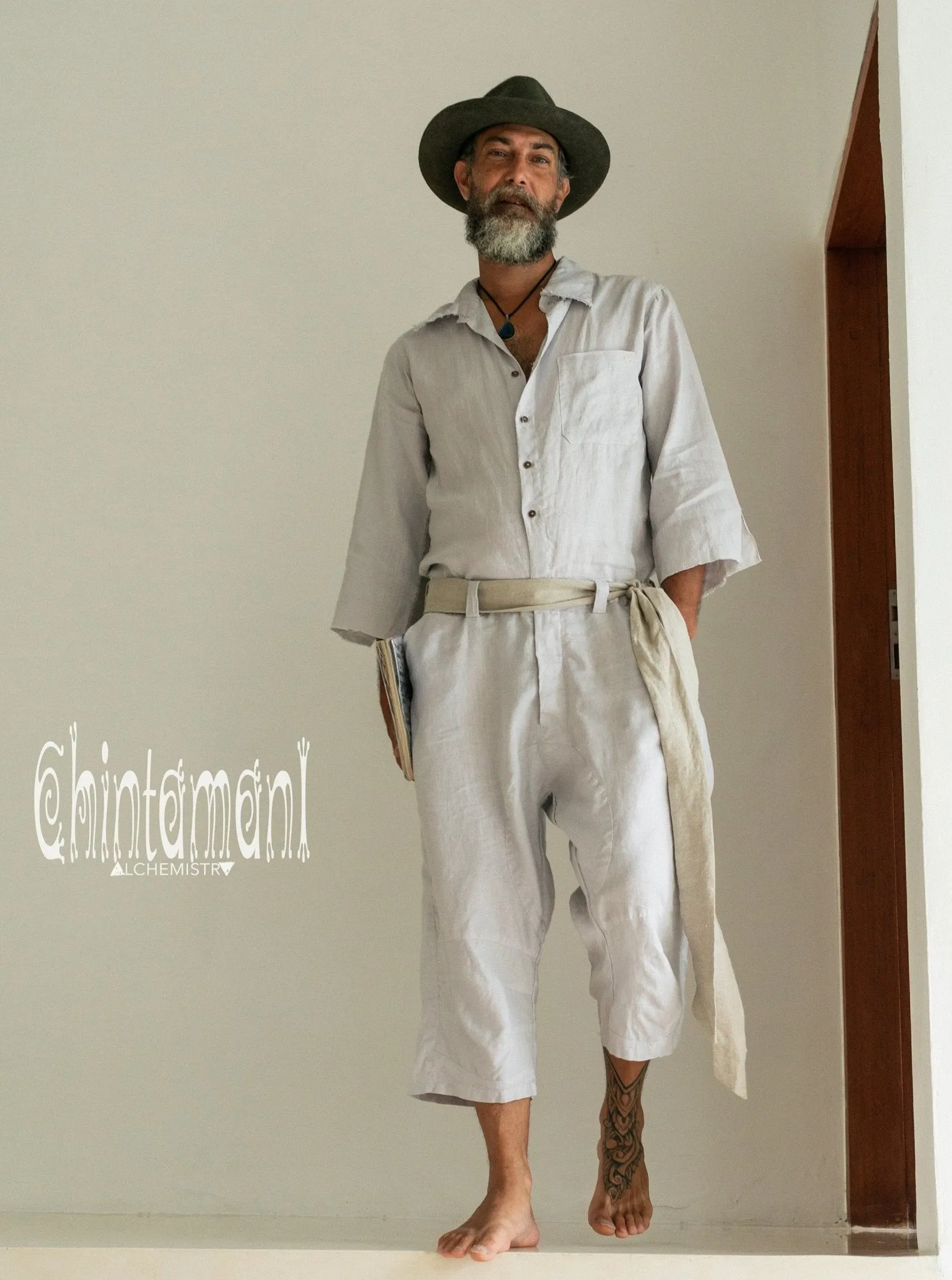 3/4 Linen Overalls for Men / Coverall Jumpsuit with Belt / Gray