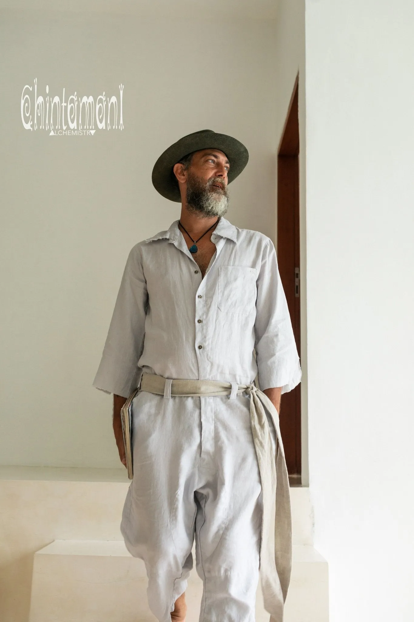 3/4 Linen Overalls for Men / Coverall Jumpsuit with Belt / Gray