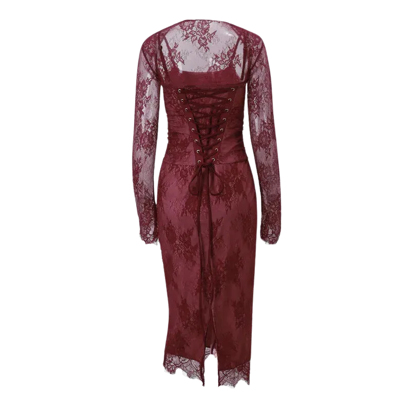 A&A Lace Print Bodycon Burgundy Midi Dress