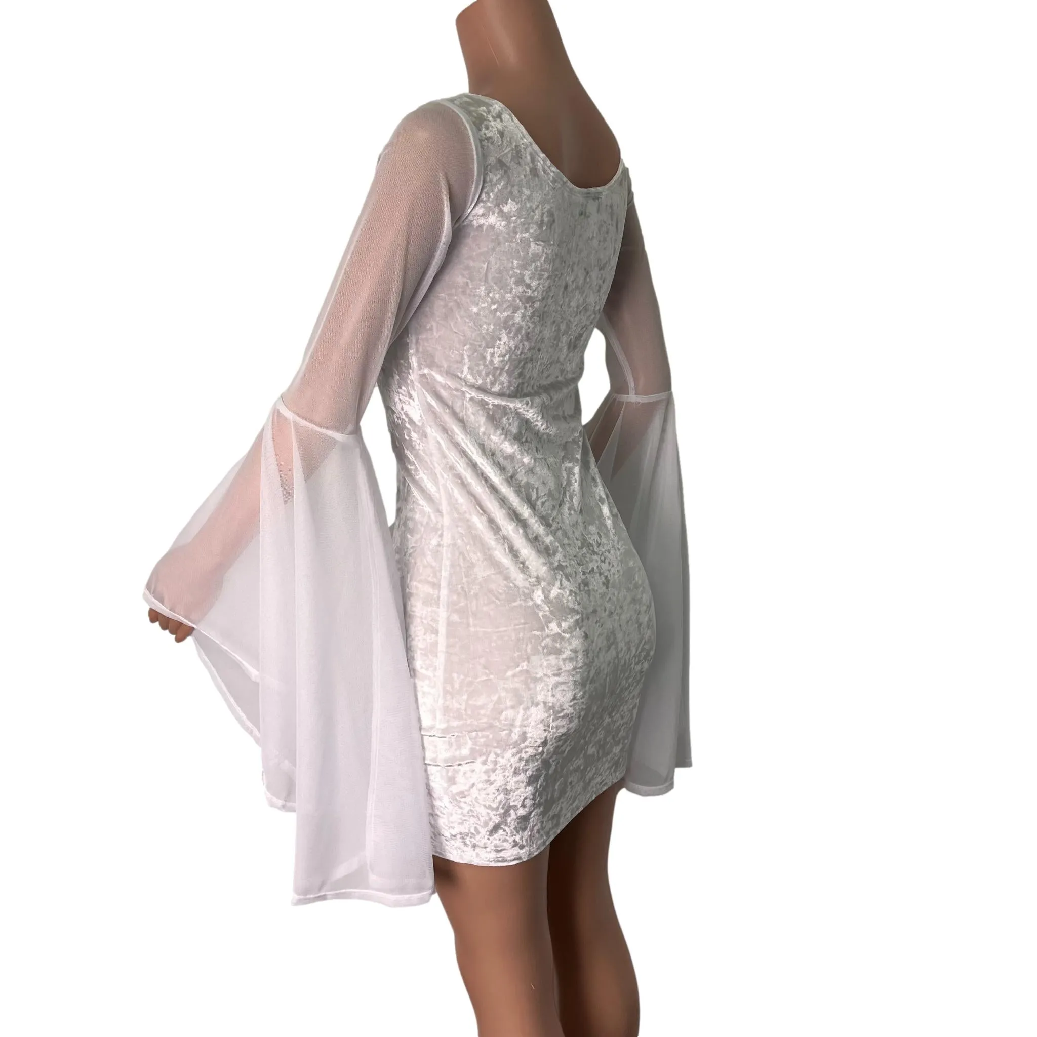 Bell Sleeve Bodycon Dress in White Crushed Velvet w/ White Mesh Sleeves