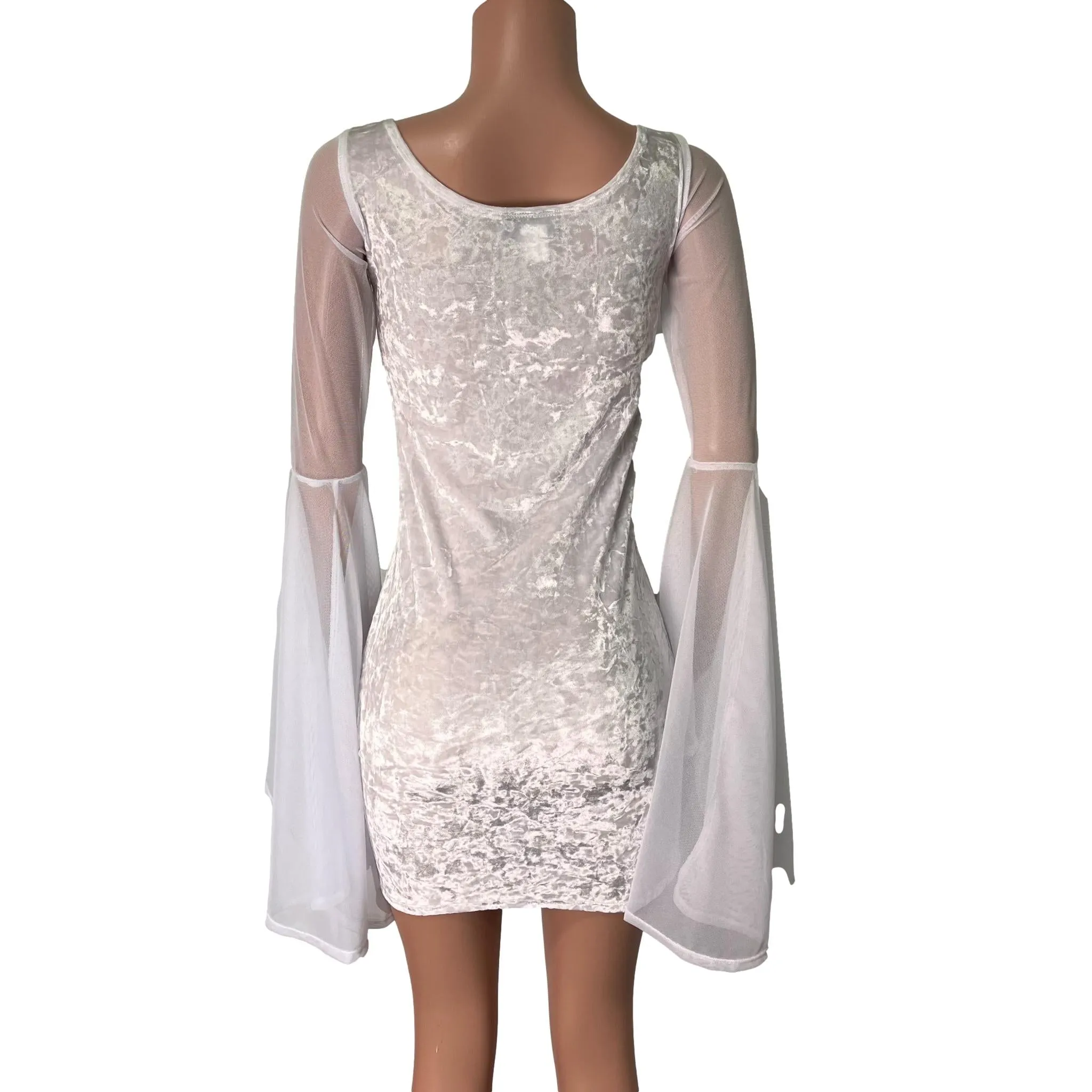 Bell Sleeve Bodycon Dress in White Crushed Velvet w/ White Mesh Sleeves