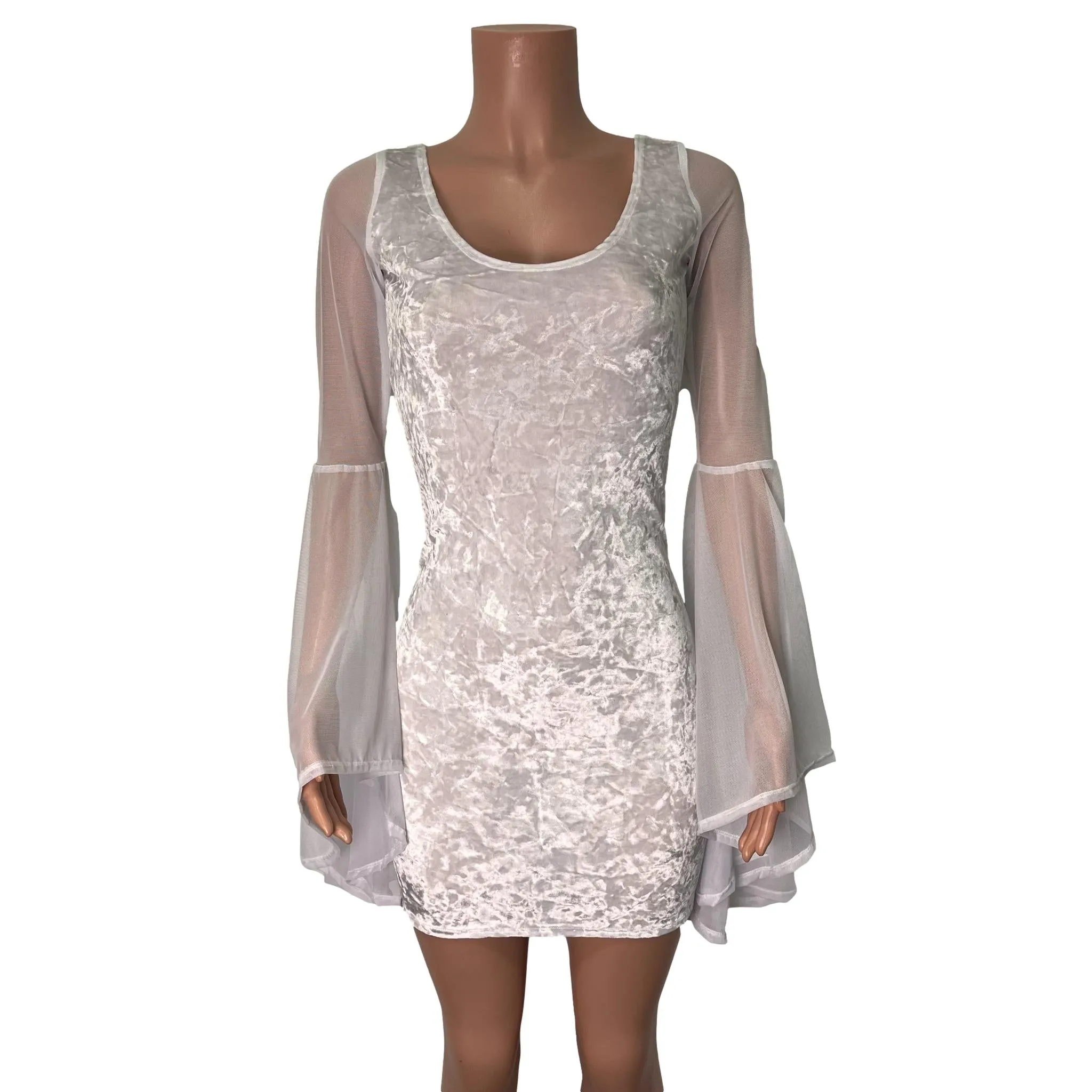 Bell Sleeve Bodycon Dress in White Crushed Velvet w/ White Mesh Sleeves