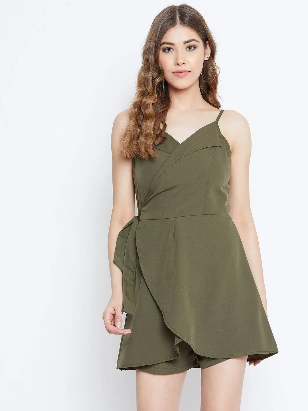 Berrylush Women Solid Olive Green Side Knot Wrap Cami Jumpsuit