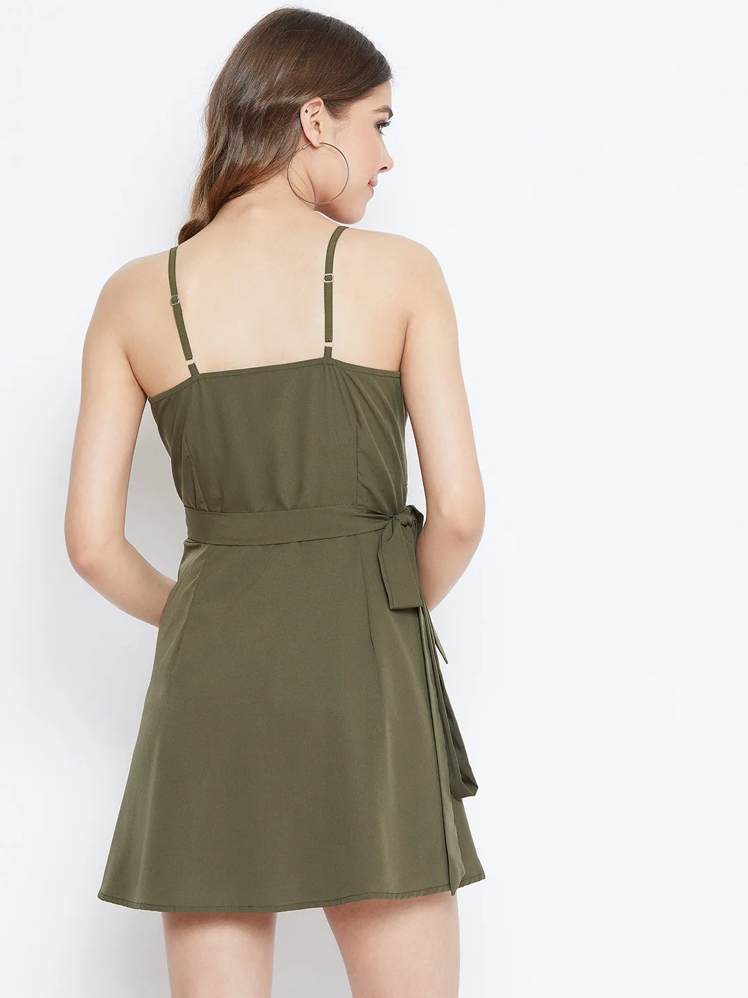 Berrylush Women Solid Olive Green Side Knot Wrap Cami Jumpsuit