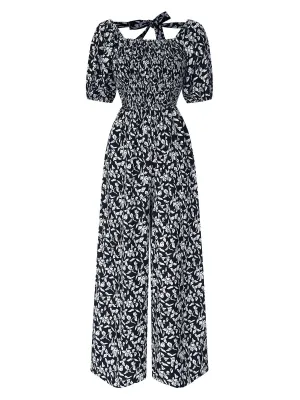 Black 1930s Square Neck Puff Floral Jumpsuit