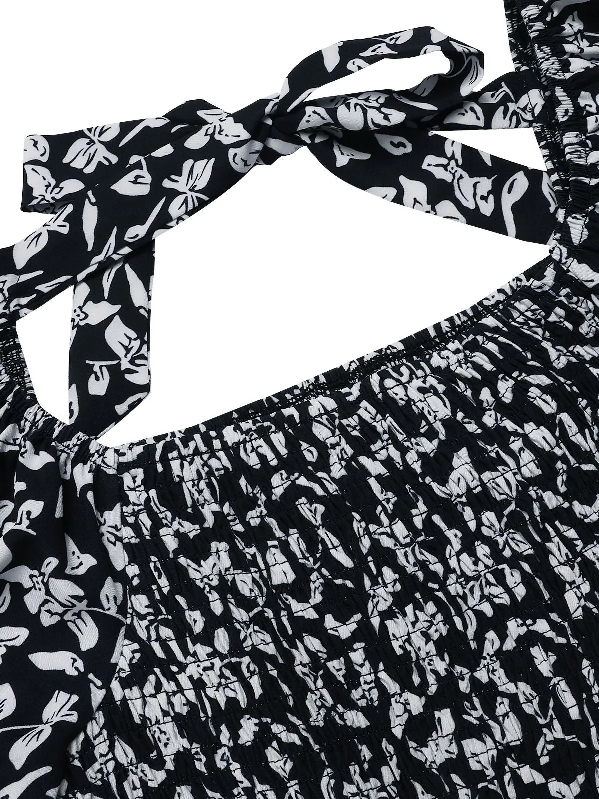 Black 1930s Square Neck Puff Floral Jumpsuit