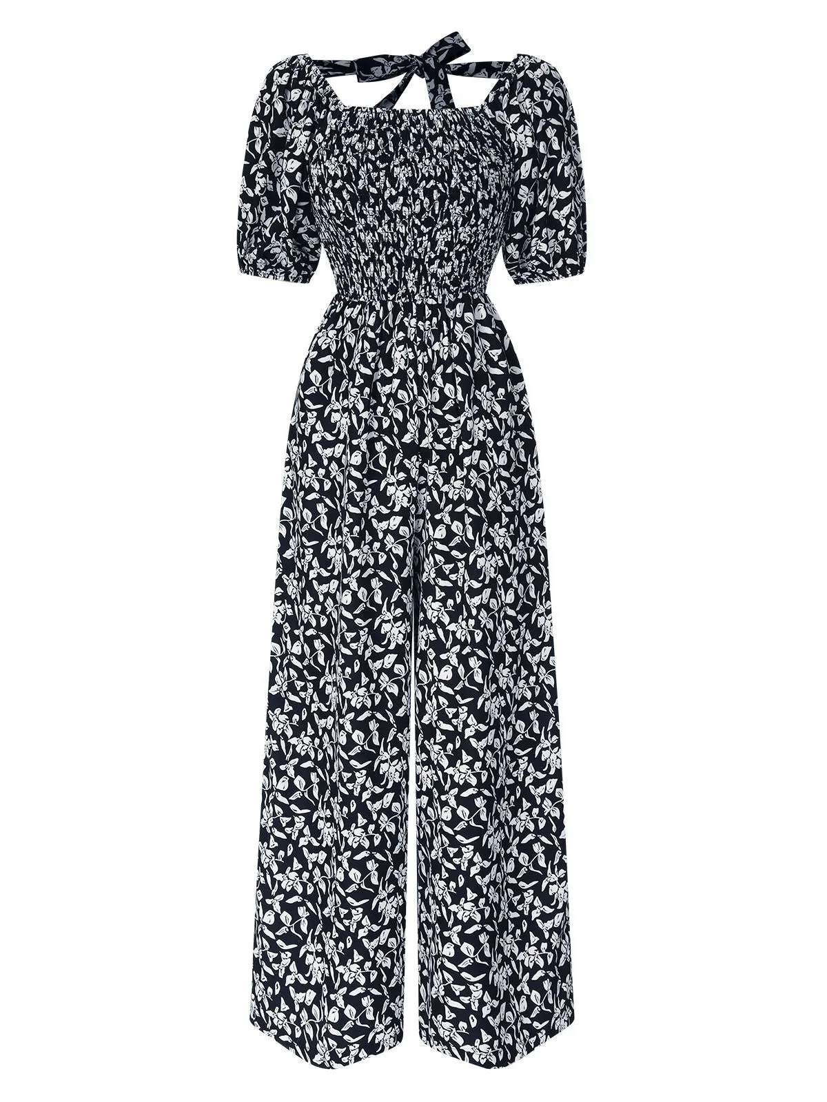 Black 1930s Square Neck Puff Floral Jumpsuit