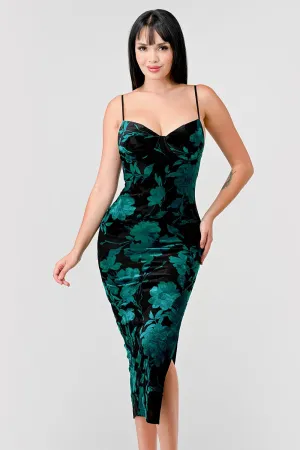 Black Teal Luxe Floral Velvet Burnout Print Slit Midi Dress