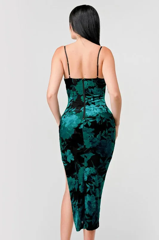 Black Teal Luxe Floral Velvet Burnout Print Slit Midi Dress