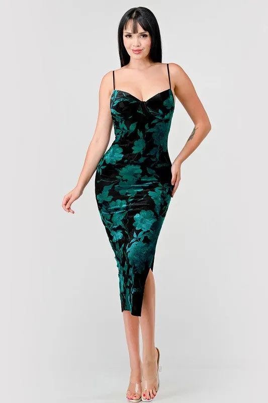 Black Teal Luxe Floral Velvet Burnout Print Slit Midi Dress