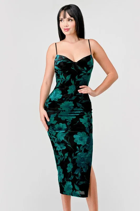 Black Teal Luxe Floral Velvet Burnout Print Slit Midi Dress