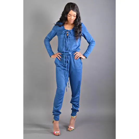 Blue/Green Tie Front Drawstring Jumpsuit