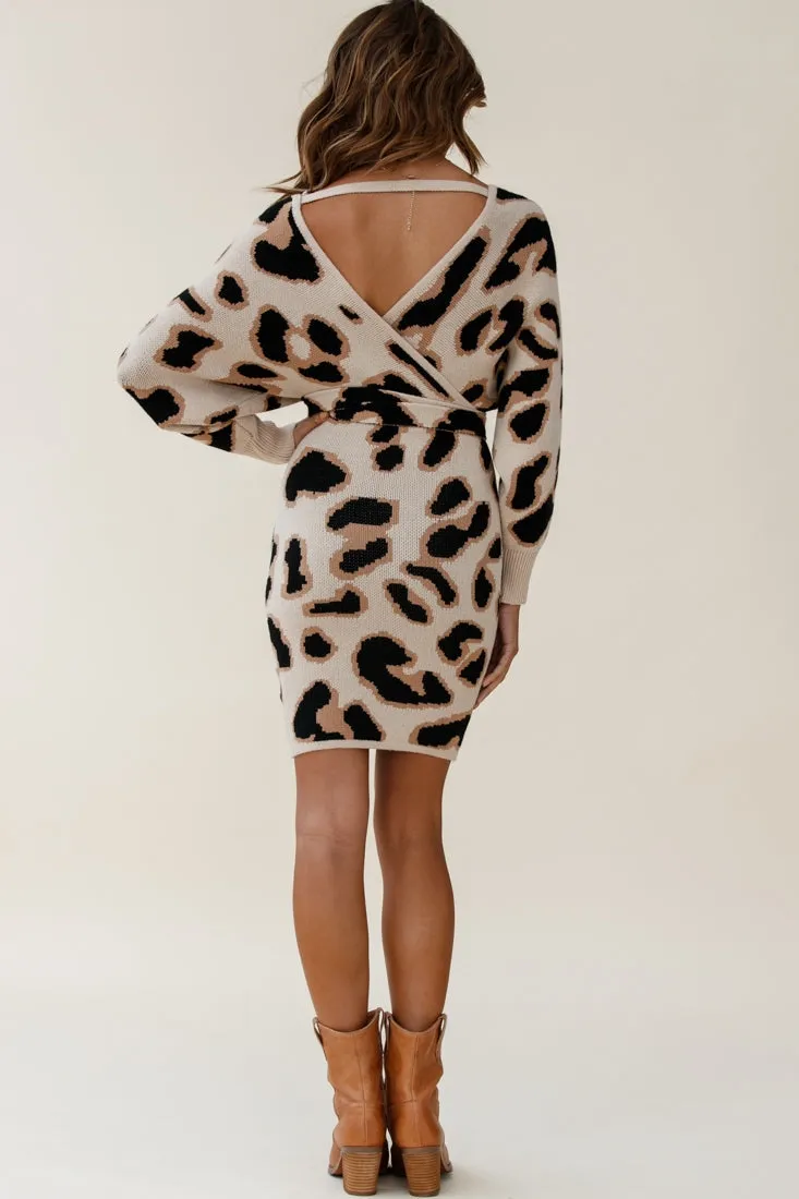 Cameo Batwing Knit Dress Animal Print Beige