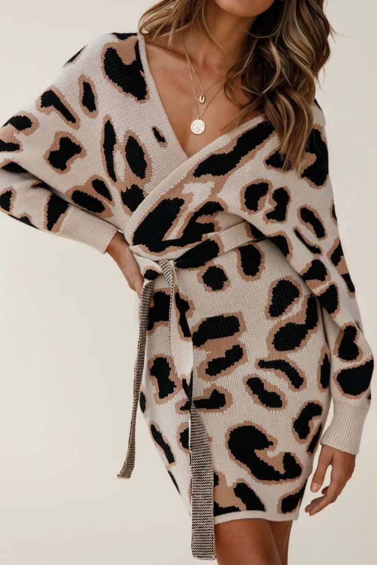 Cameo Batwing Knit Dress Animal Print Beige