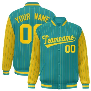 Custom Aqua Gold Raglan Sleeves Varsity Full-Snap Pinstripe Letterman Baseball Jacket