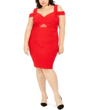 Emerald Sundae Women's Cold Shoulder Cut Out Sleeveless Sweetheart Neckline Below The Knee Body Con Cocktail Dress Red 2X