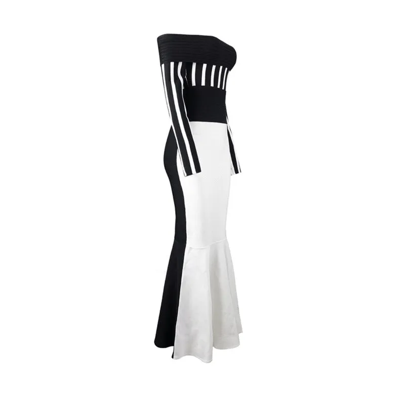 Fashion classic striped stitching bag hip dress long skirt