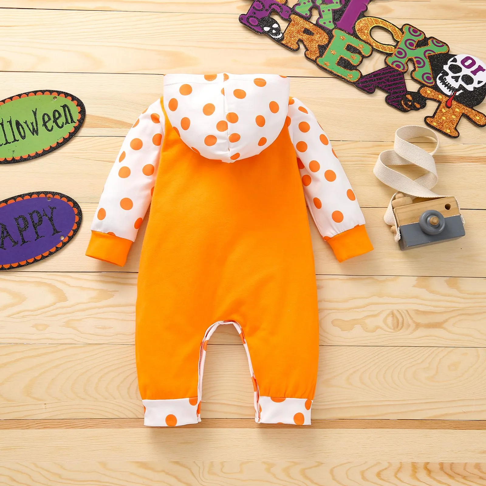 Halloween Baby Pumpkin Hooded Jumpsuit Color Block