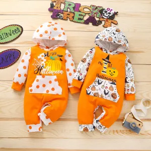 Halloween Baby Pumpkin Hooded Jumpsuit Color Block