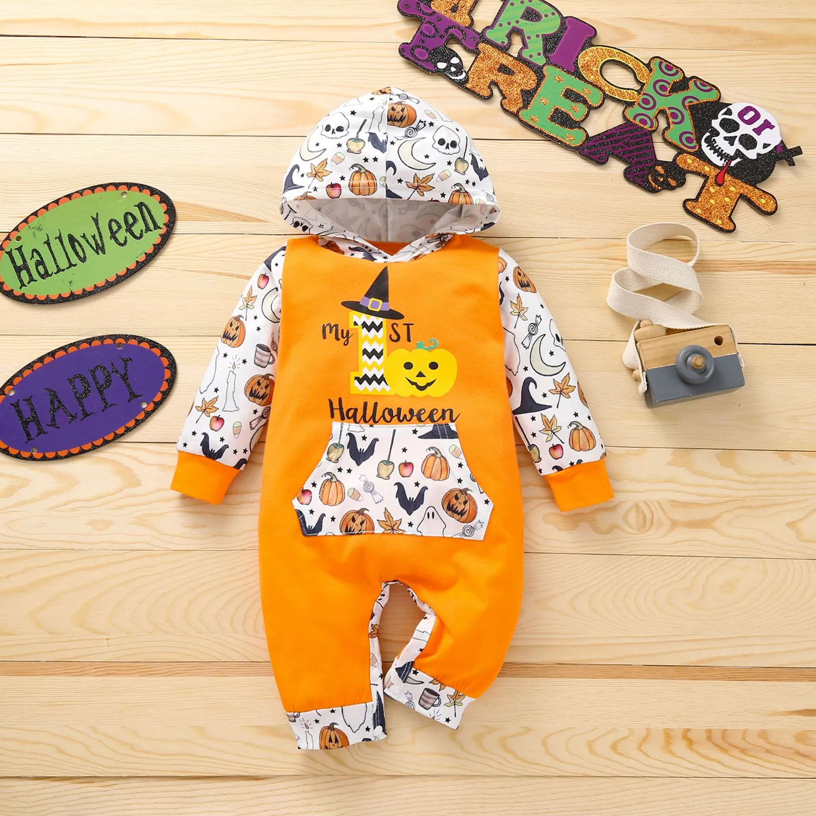 Halloween Baby Pumpkin Hooded Jumpsuit Color Block