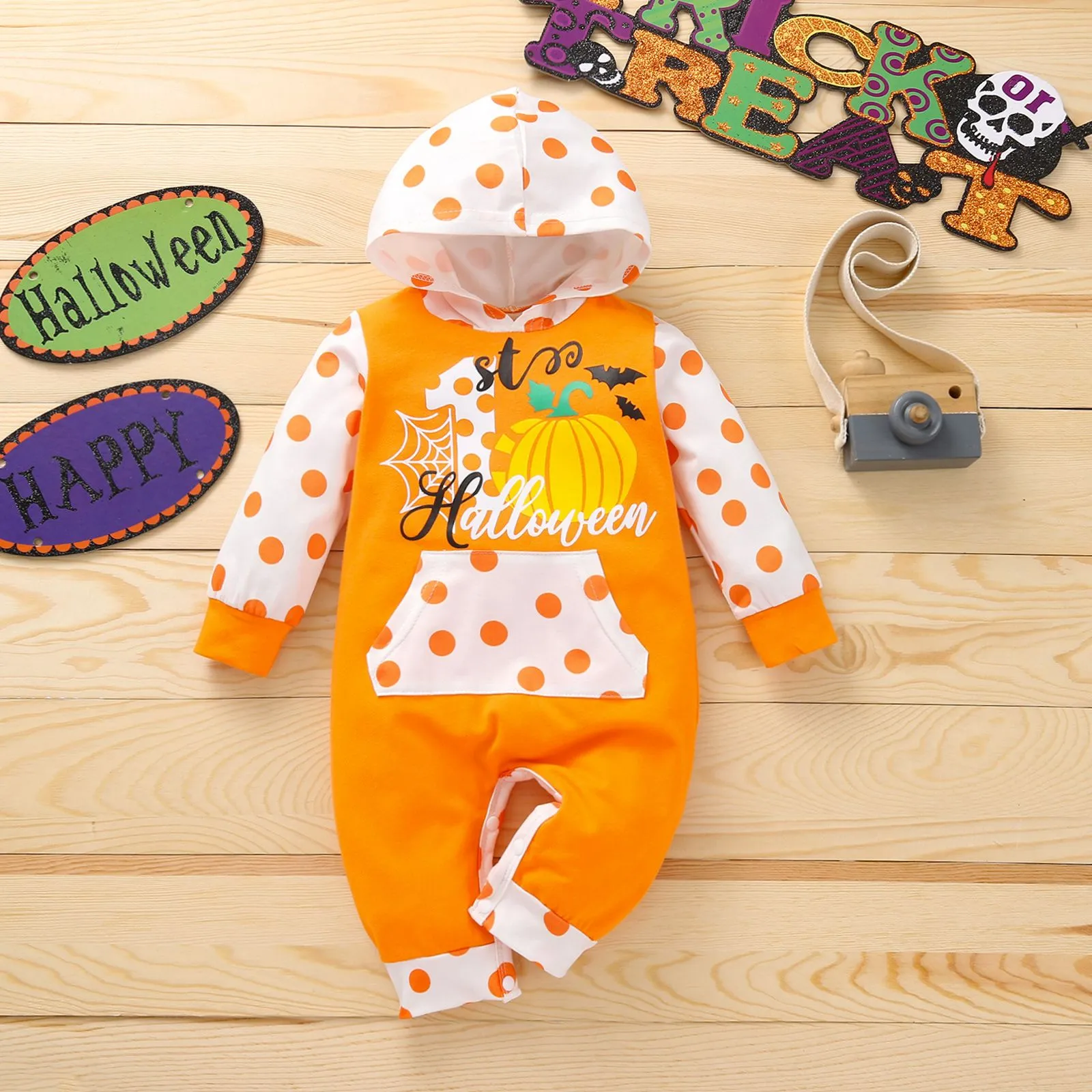 Halloween Baby Pumpkin Hooded Jumpsuit Color Block