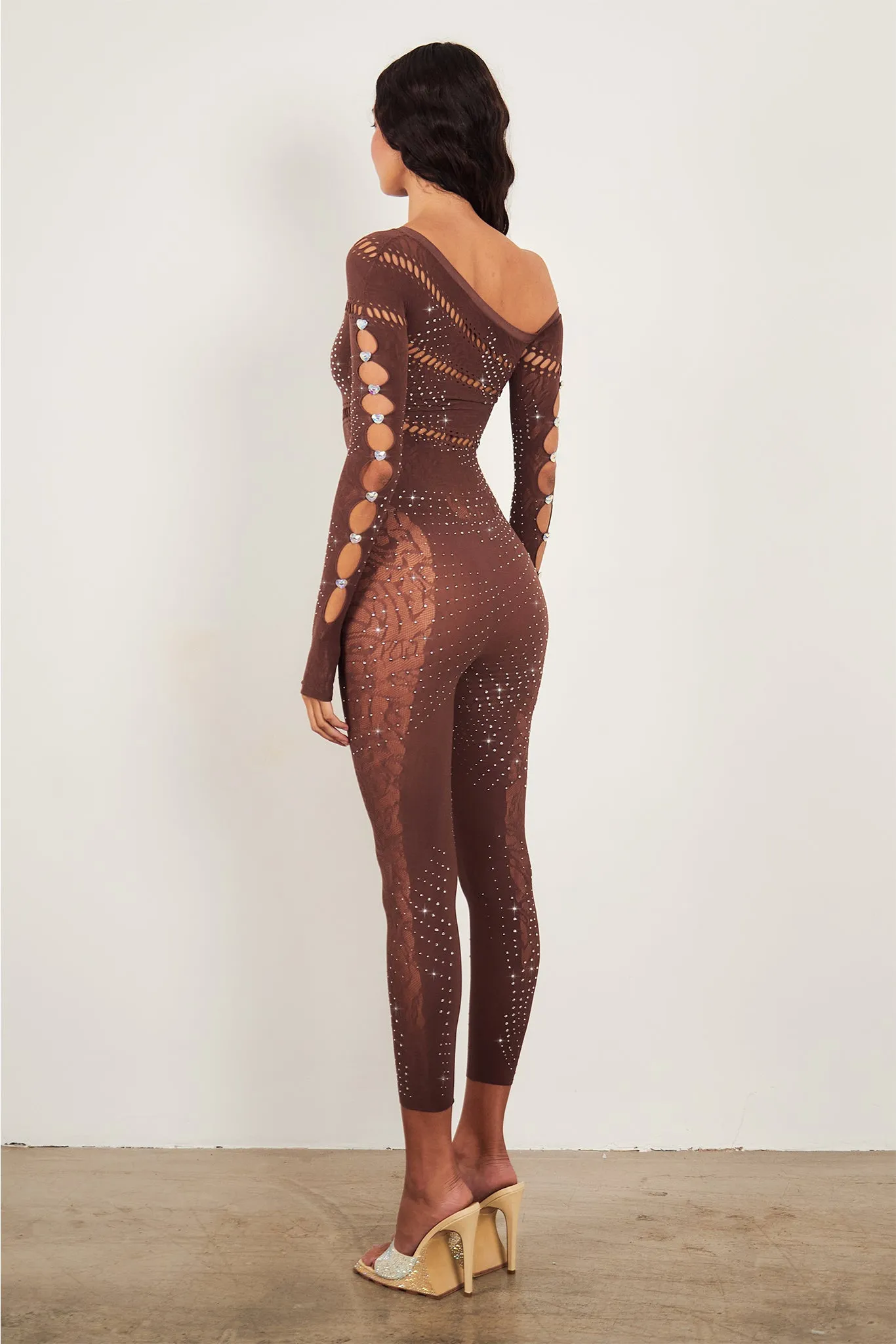 Ivy Long Rhinestone Jumpsuit Old Money Brown