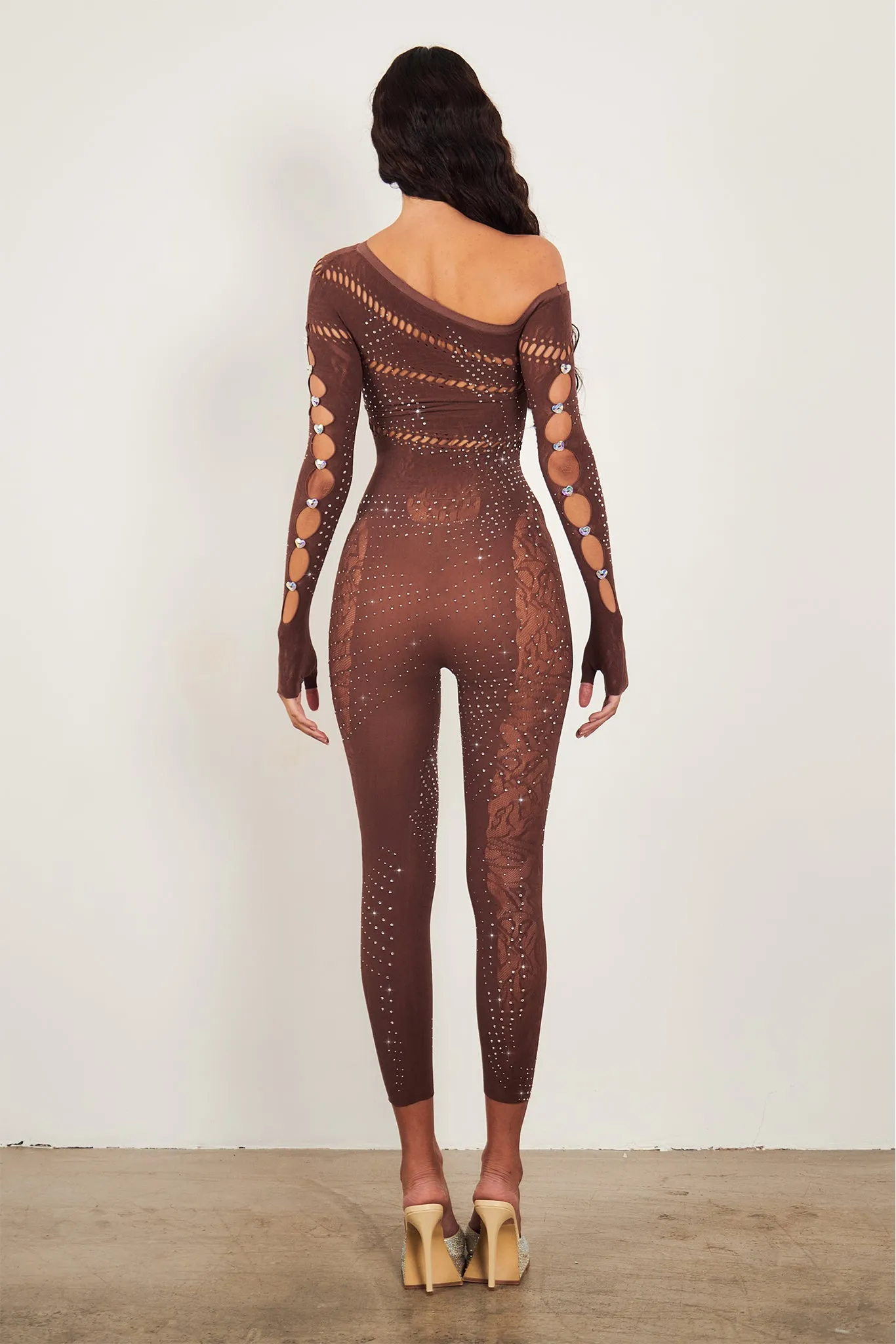 Ivy Long Rhinestone Jumpsuit Old Money Brown