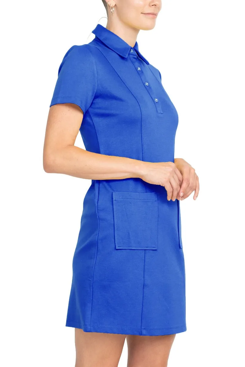 London Times Collared Button Short Sleeve Bodycon Solid Short Scuba Dress with Pockets