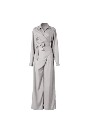 Long-sleeved wide-leg jumpsuit | Latte grey jumpsuit | Casual jumpsuit