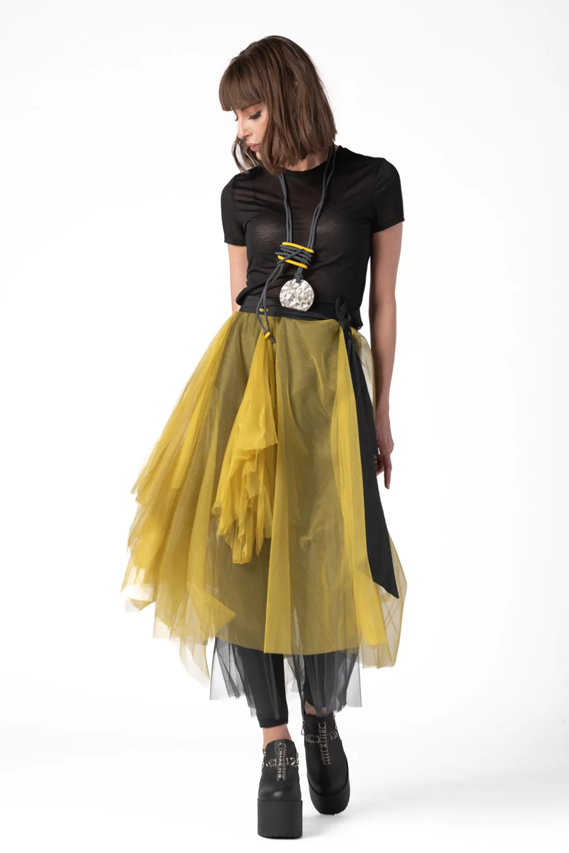 LUUKAA Layering Skirt in Black and Citrine Mesh