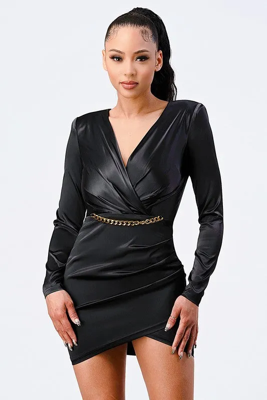 LUX GOLD CHAIN WAIST DETAIL BODYCON SATIN DRESS