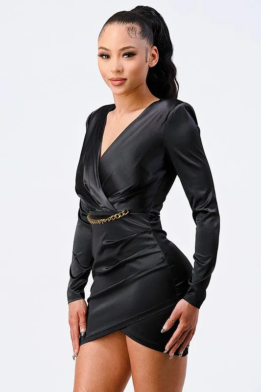 LUX GOLD CHAIN WAIST DETAIL BODYCON SATIN DRESS