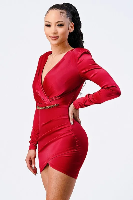 LUX GOLD CHAIN WAIST DETAIL BODYCON SATIN DRESS