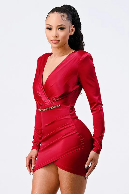 LUX GOLD CHAIN WAIST DETAIL BODYCON SATIN DRESS