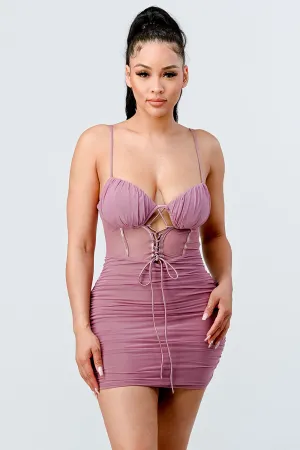 LUX SEE-THRU MESH RUCHED CORSET MINI DRESS