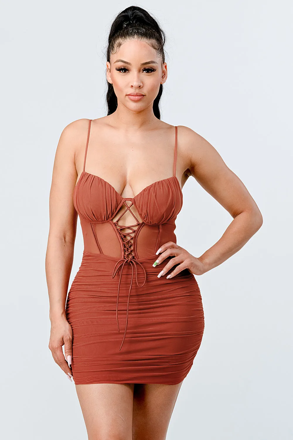 LUX SEE-THRU MESH RUCHED CORSET MINI DRESS