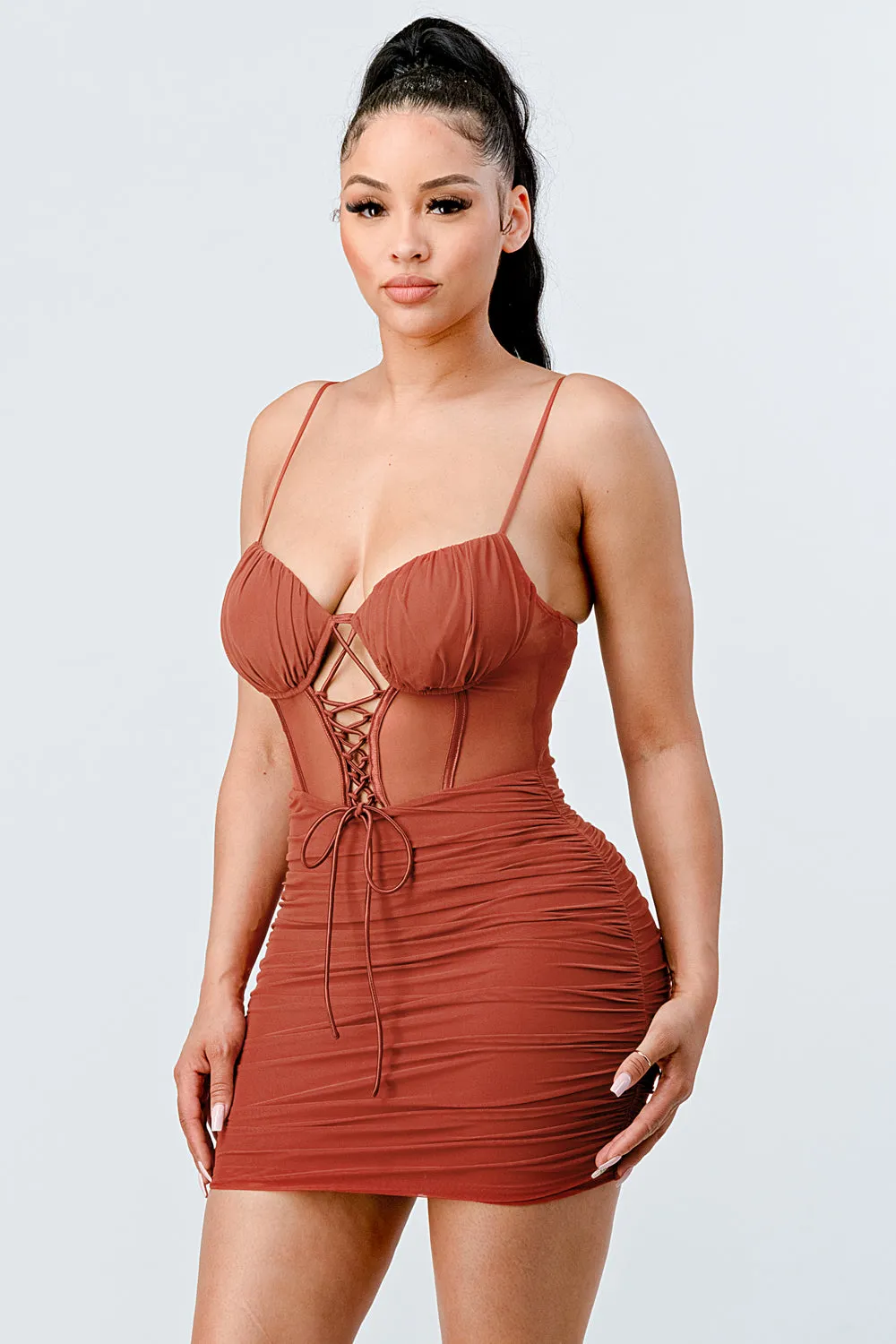 LUX SEE-THRU MESH RUCHED CORSET MINI DRESS