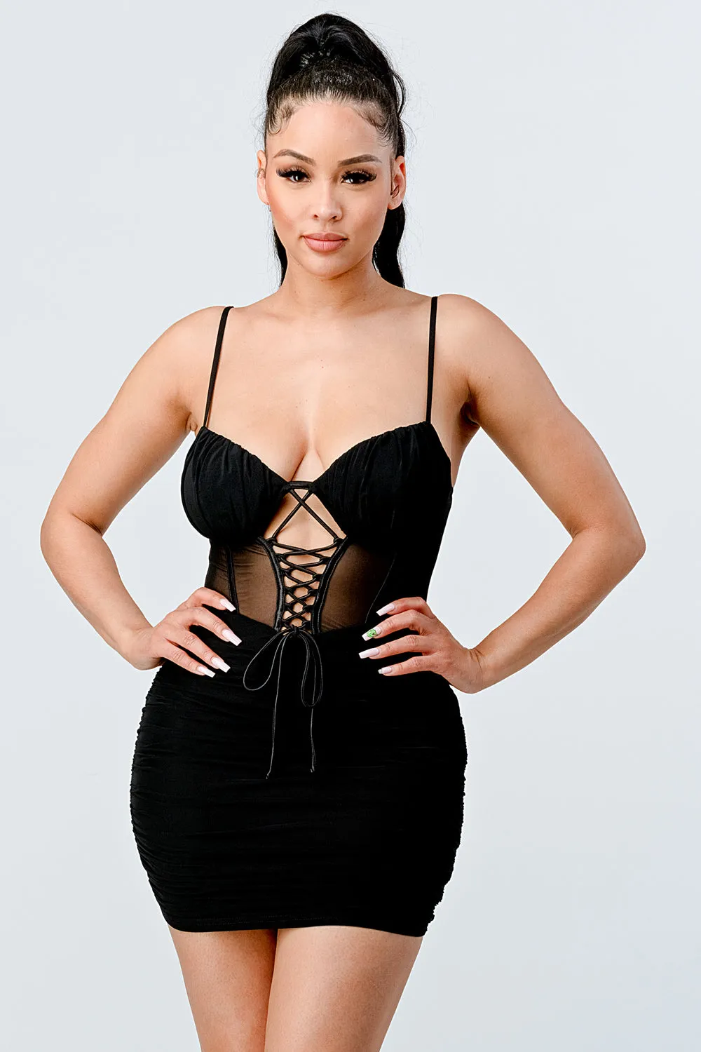 LUX SEE-THRU MESH RUCHED CORSET MINI DRESS