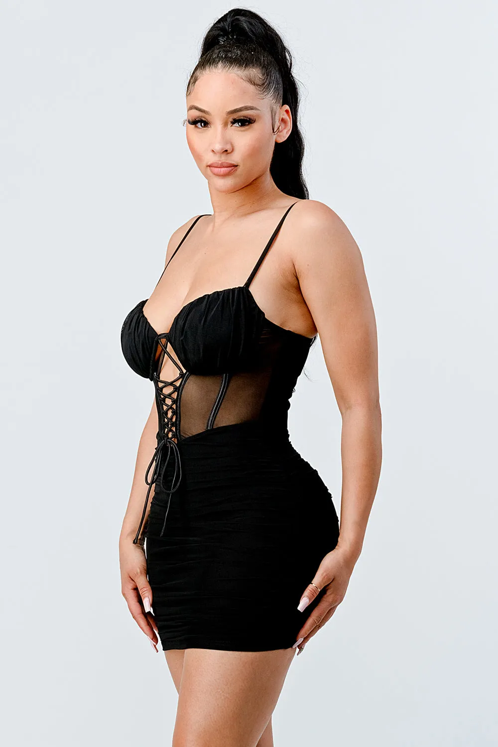 LUX SEE-THRU MESH RUCHED CORSET MINI DRESS