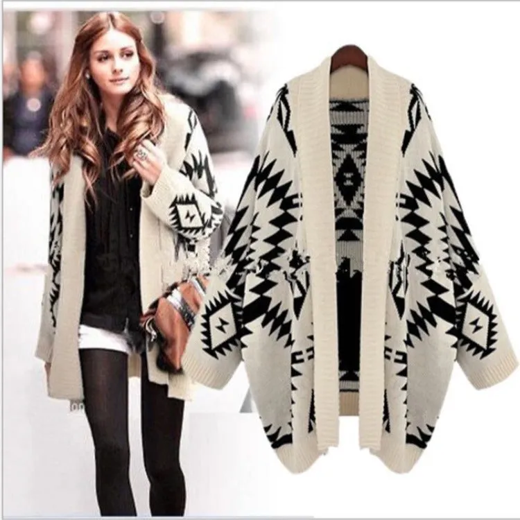 Medium Length Diamond Jacquard Cardigan Sweater Coat