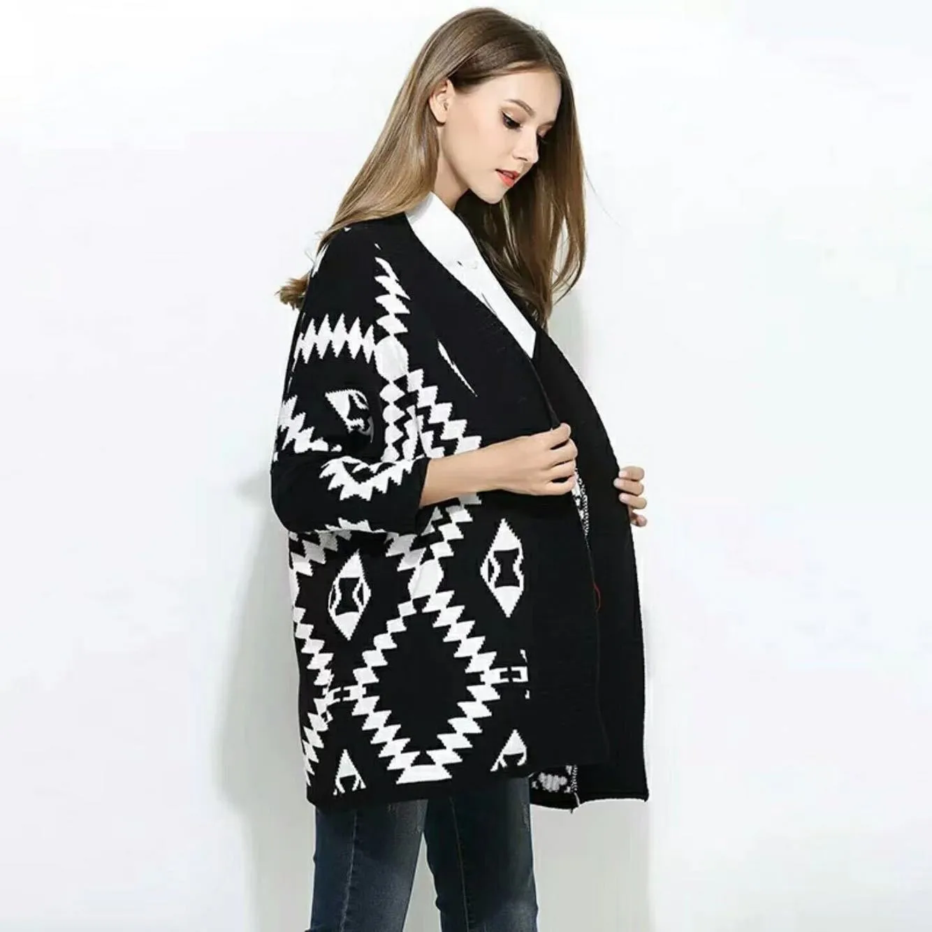 Medium Length Diamond Jacquard Cardigan Sweater Coat