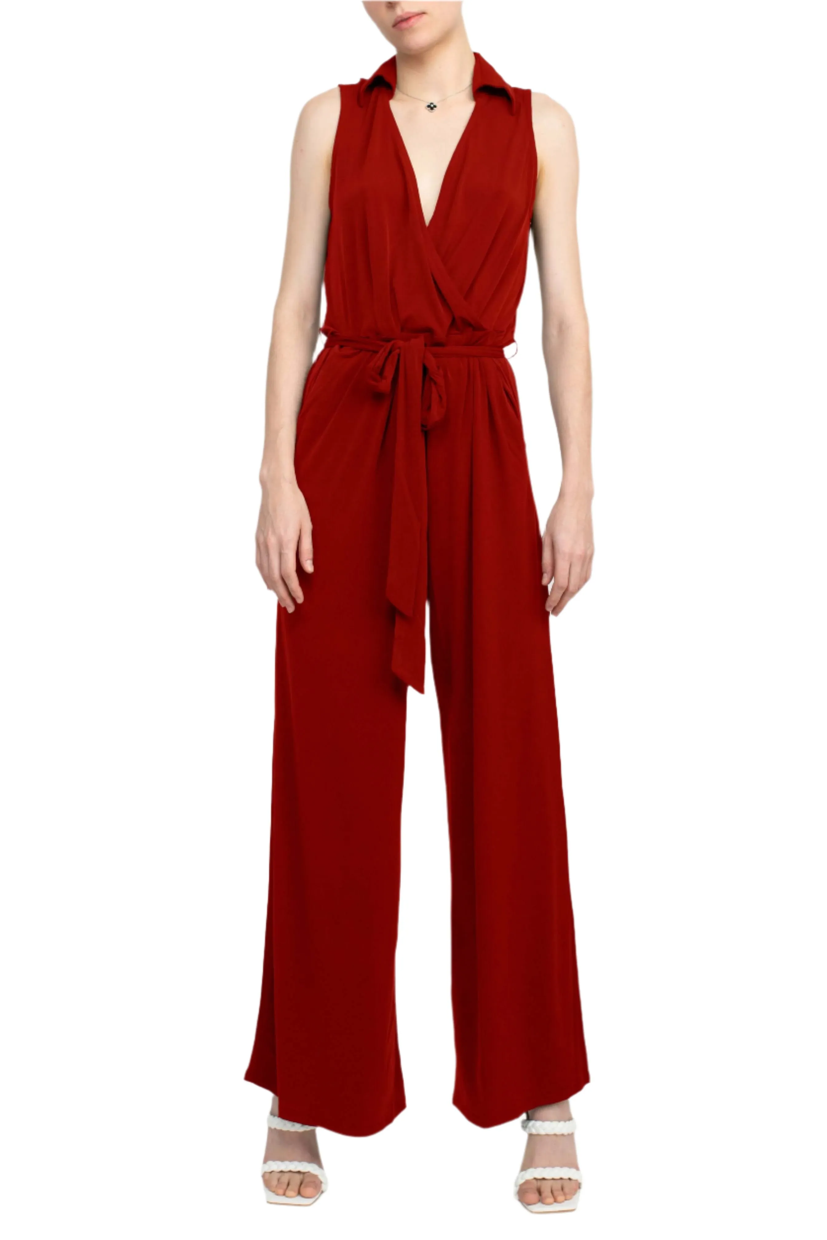 Nina Leonard V-Neck Collared Sleeveless Tie Waist Solid Jumpsuit