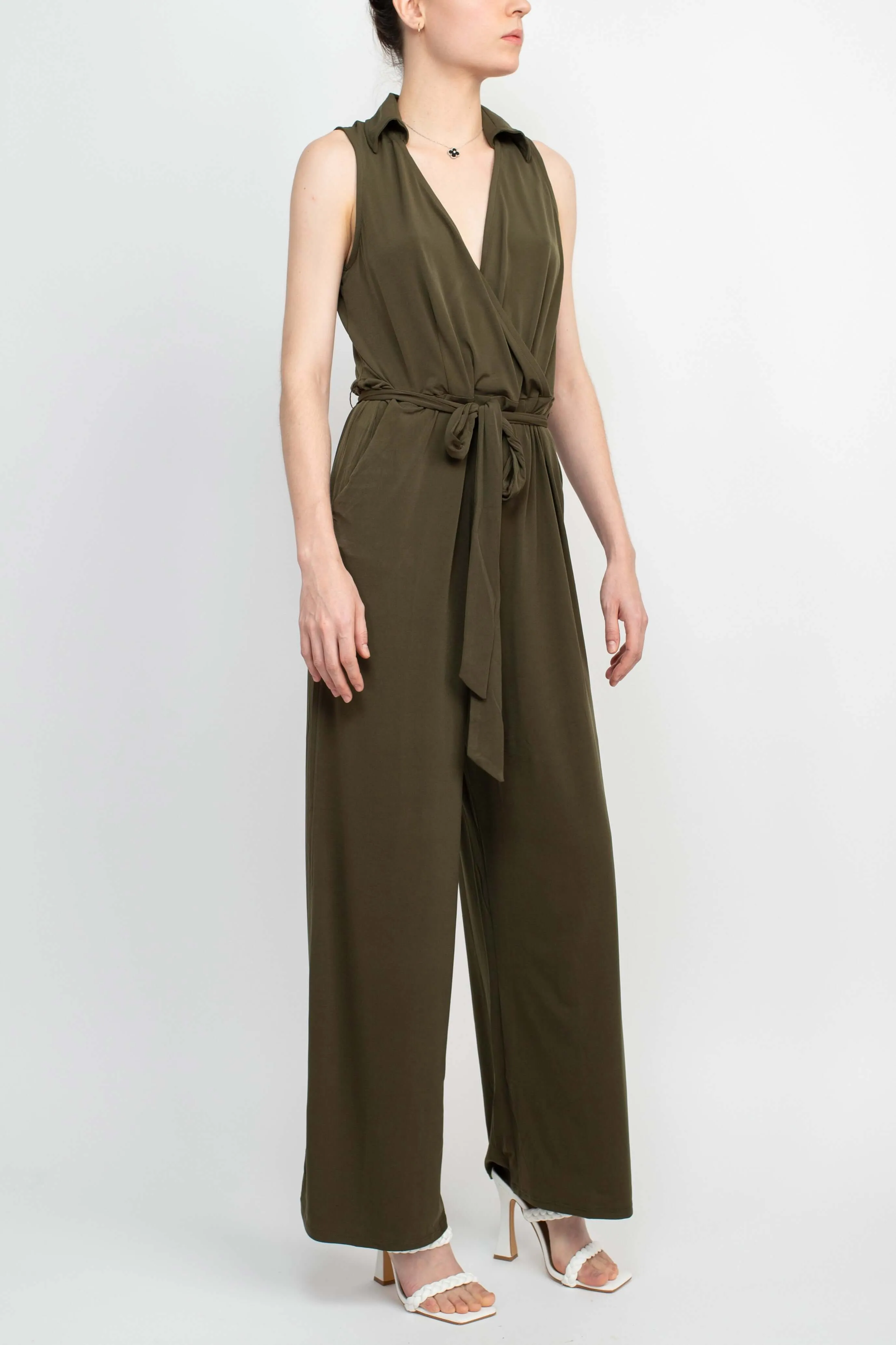 Nina Leonard V-Neck Collared Sleeveless Tie Waist Solid Jumpsuit