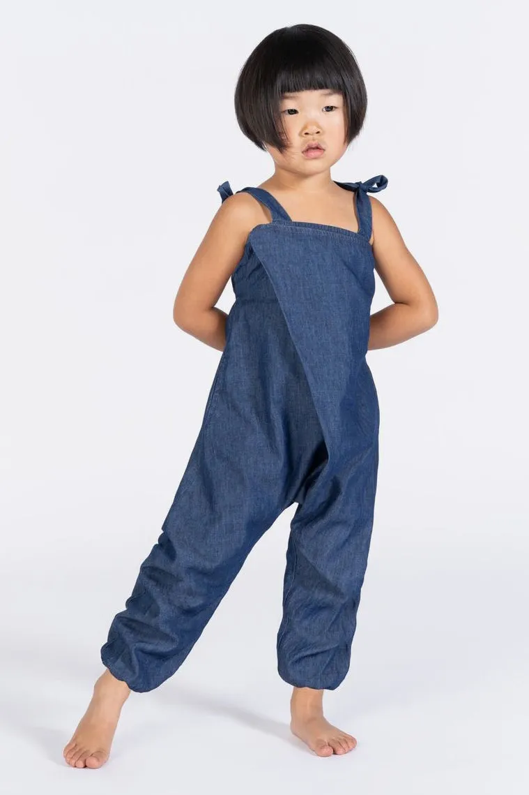 OMAMImini Chambray Pleated Girls Jumpsuit - Indigo