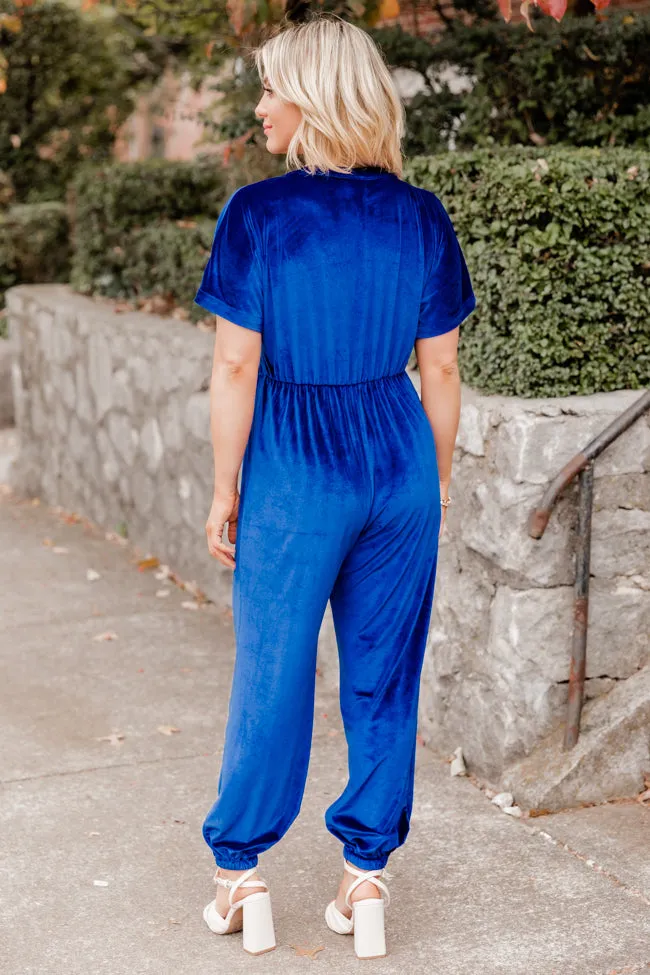 On Your Own Time Blue Velvet Short Sleeve Jumpsuit FINAL SALE