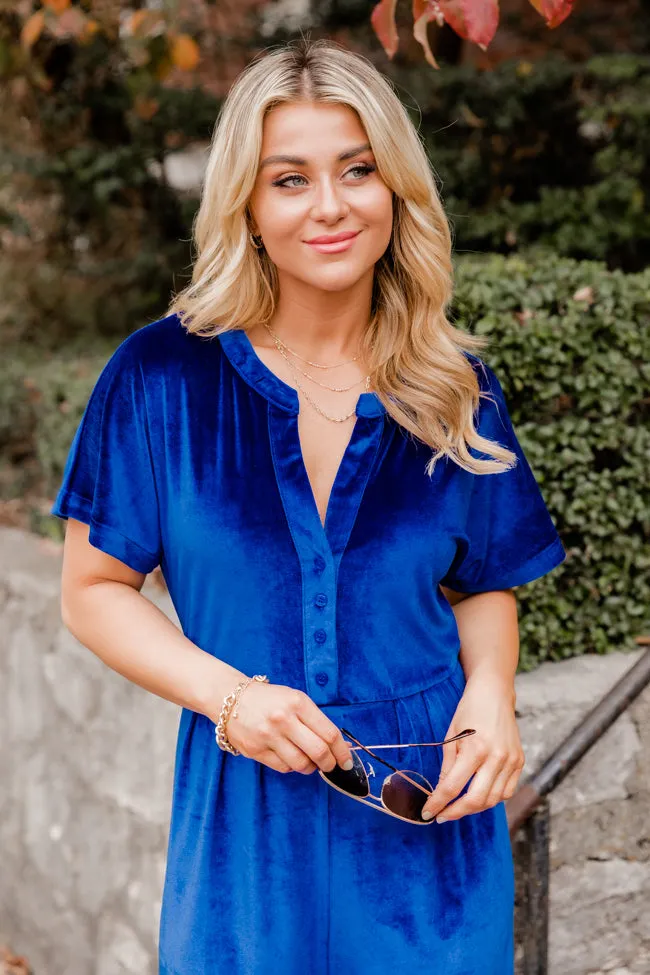 On Your Own Time Blue Velvet Short Sleeve Jumpsuit FINAL SALE