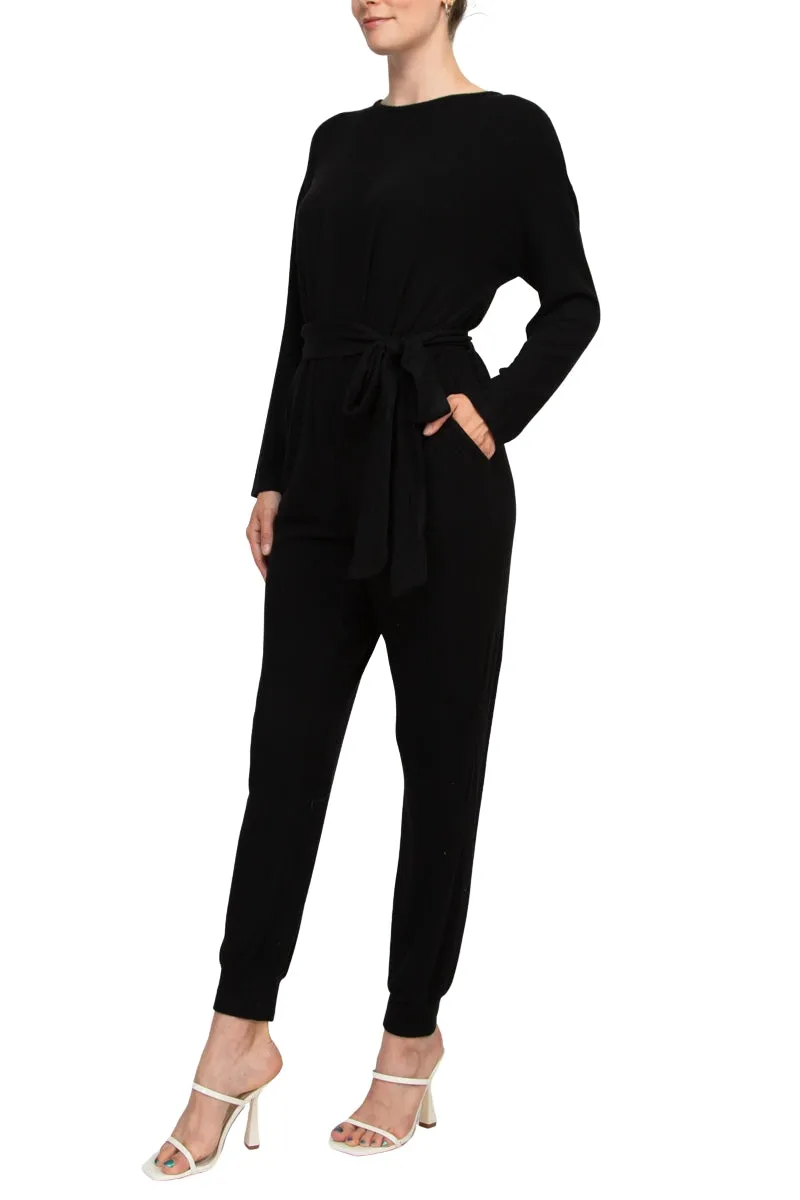 Philosophy Crew Neck Dolman Long Sleeve Tie Waist Elastic Hem Pockets Jersey Knit Jumpsuit