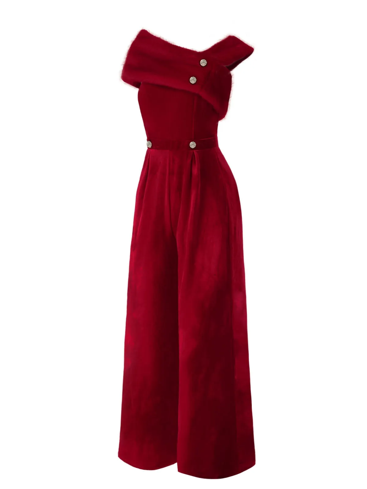 [Pre-Sale] Red 1950s Velvet Off Shoulder Button Jumpsuit