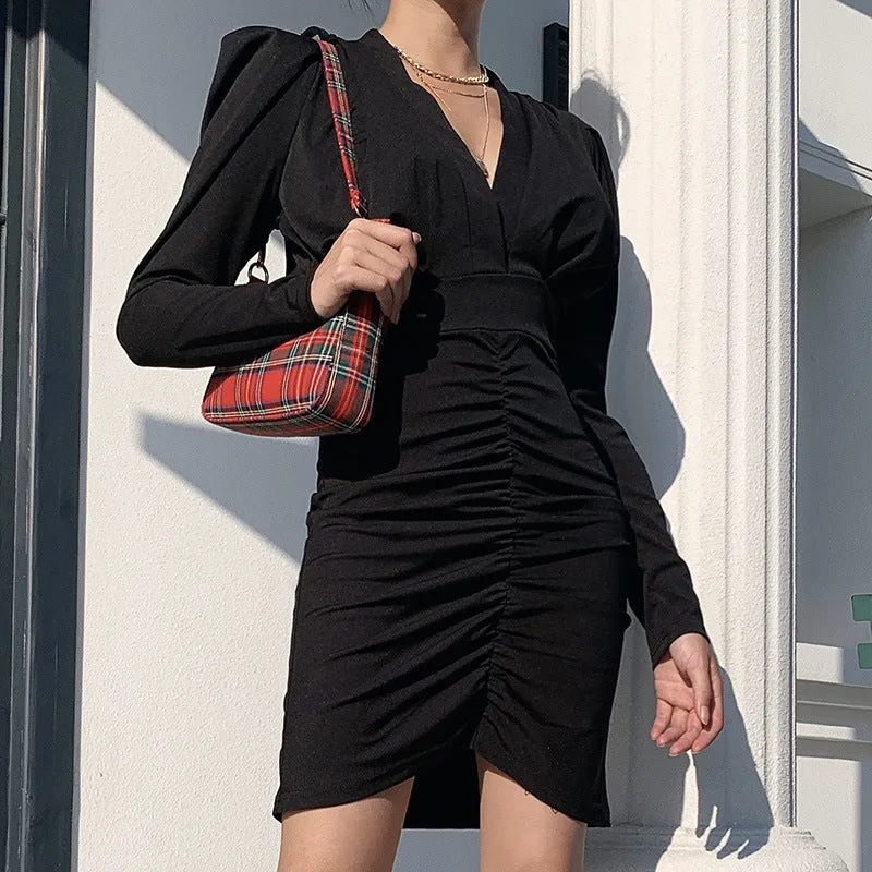 Puff sleeve deep V bag hip dress slim evening dress